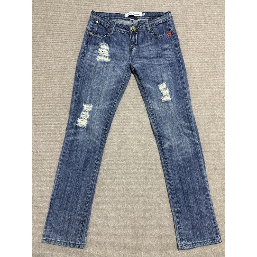 Ecko Red Denim‎ Jeans Womens 7 Distressed Blue Straight Leg Embroidered Pockets